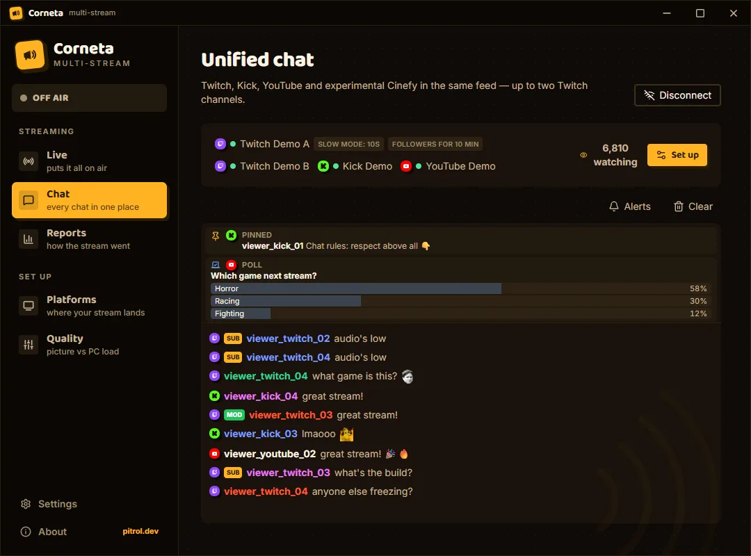 Chat screen connected to Twitch, YouTube and Kick before setting up the overlay.
