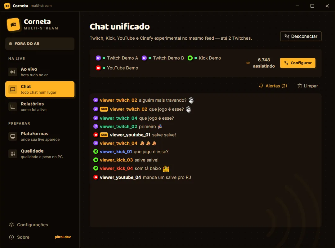 Tela Chat conectada a Twitch, YouTube e Kick com mensagens no mesmo feed.