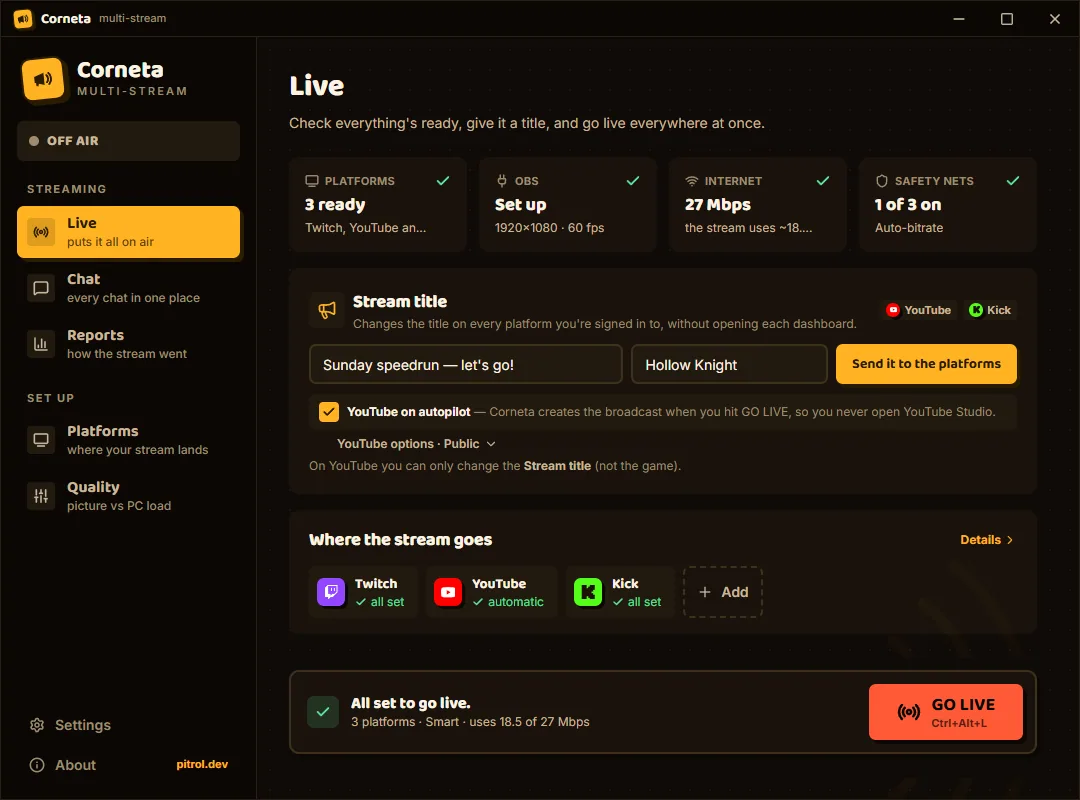 Corneta's Live screen with platforms, OBS, upload and safety nets approved and GO LIVE unlocked.