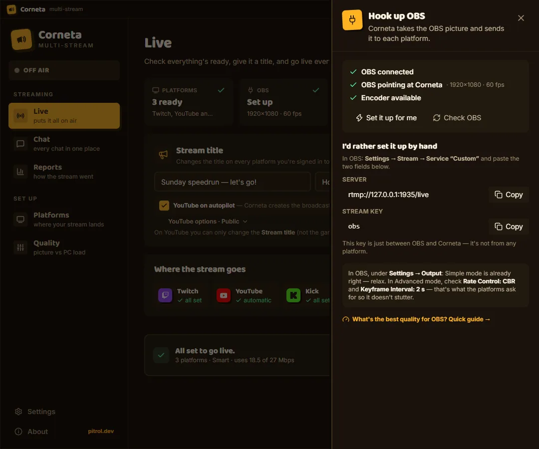 Corneta's Live screen with the Hook up OBS panel open, showing the local server, the local key and copy buttons.
