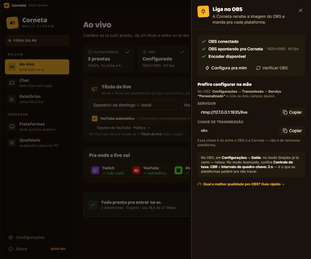 Tela Ao vivo da Corneta com o painel Liga no OBS aberto, mostrando servidor local, chave local e botões para copiar.