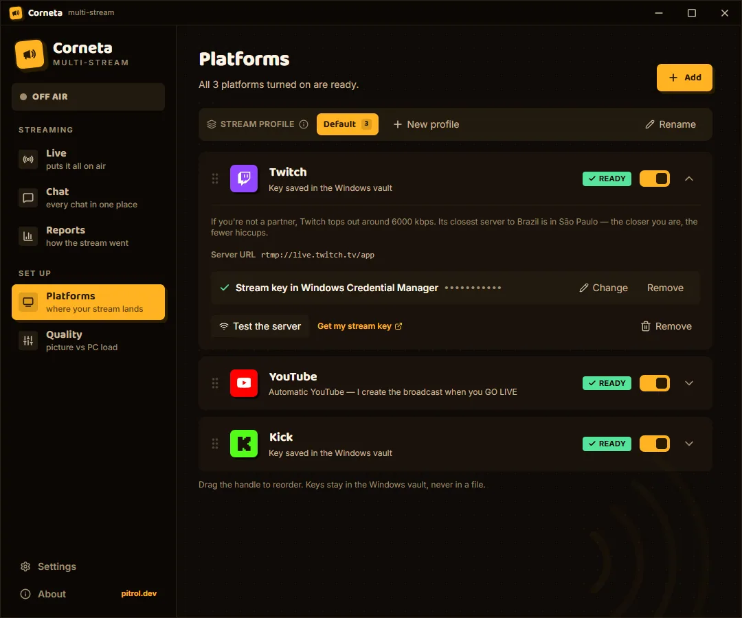 Twitch destination open on Corneta's Platforms screen, with the key protected in the vault and the Test the server button.