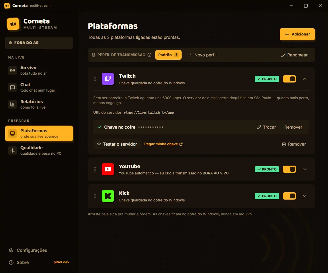 Destino Twitch aberto na tela Plataformas da Corneta, com a chave protegida no cofre e o botão Testar o servidor.