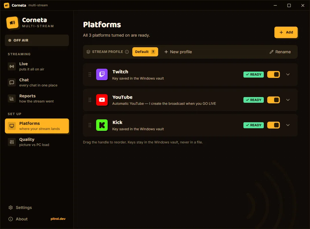 Corneta's Platforms screen with the Twitch and YouTube destinations marked as ready for the stream.