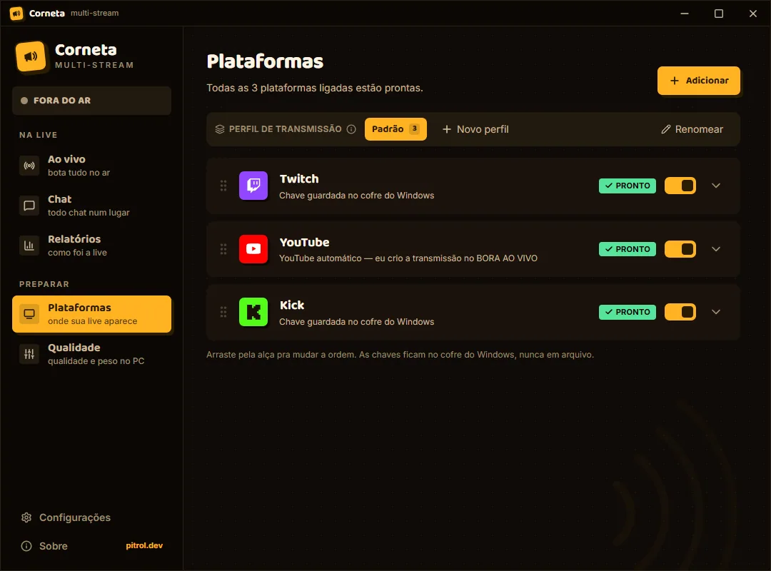 Tela Plataformas da Corneta com os destinos Twitch e YouTube marcados como prontos para a live.
