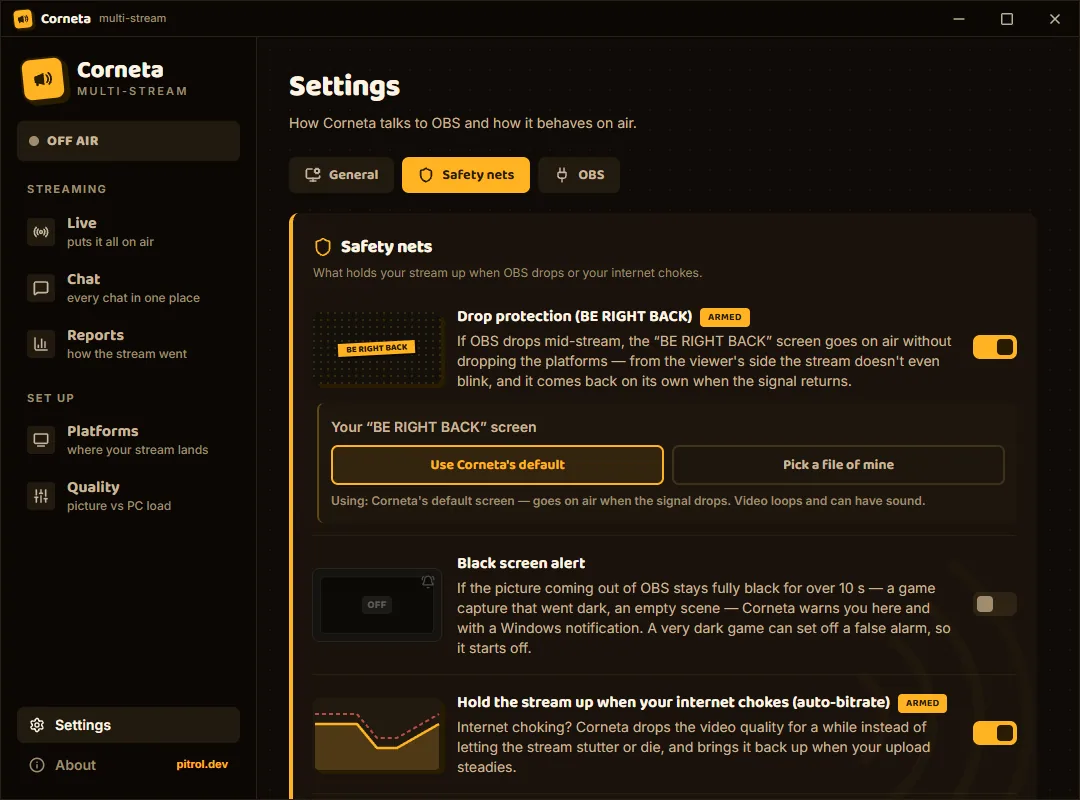 Safety nets settings with Drop protection and the BE RIGHT BACK screen picker.