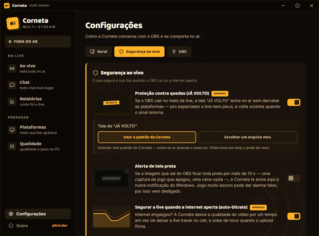 Configurações de Segurança ao vivo com auto-bitrate armado.