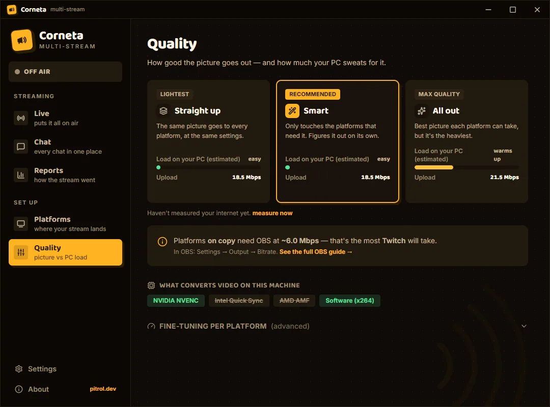 Corneta's Quality screen comparing the Straight up, Smart and All out modes, with load and upload estimates.