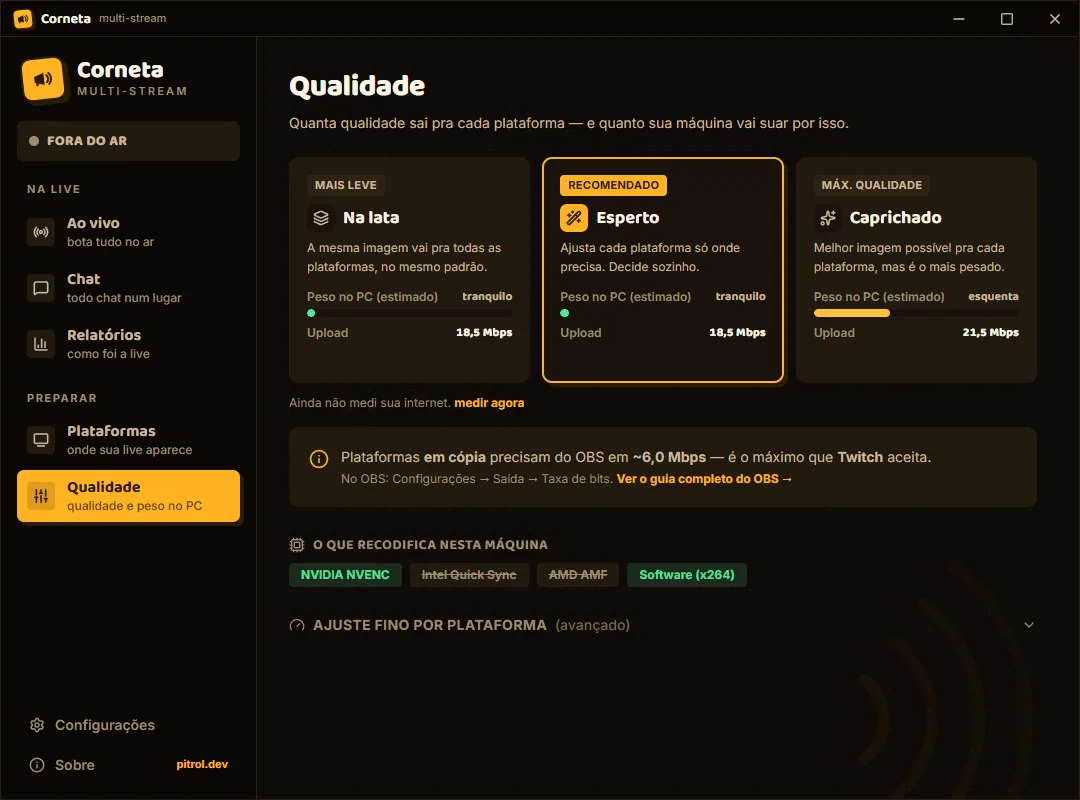 Tela Qualidade da Corneta comparando os modos Na lata, Esperto e Caprichado, com estimativas de carga e upload.