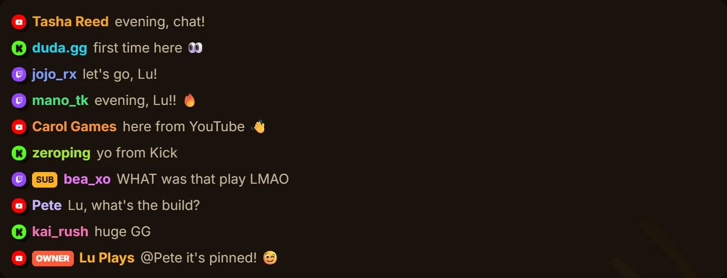 Corneta unified chat with messages from Twitch, YouTube and Kick