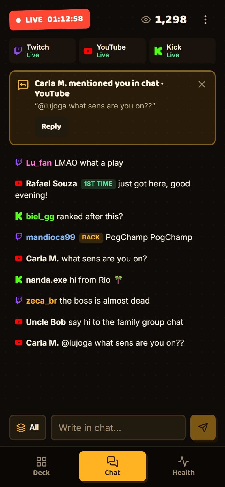 Twitch, YouTube and Kick chat on a phone, with the warning that someone mentioned you and the Reply button