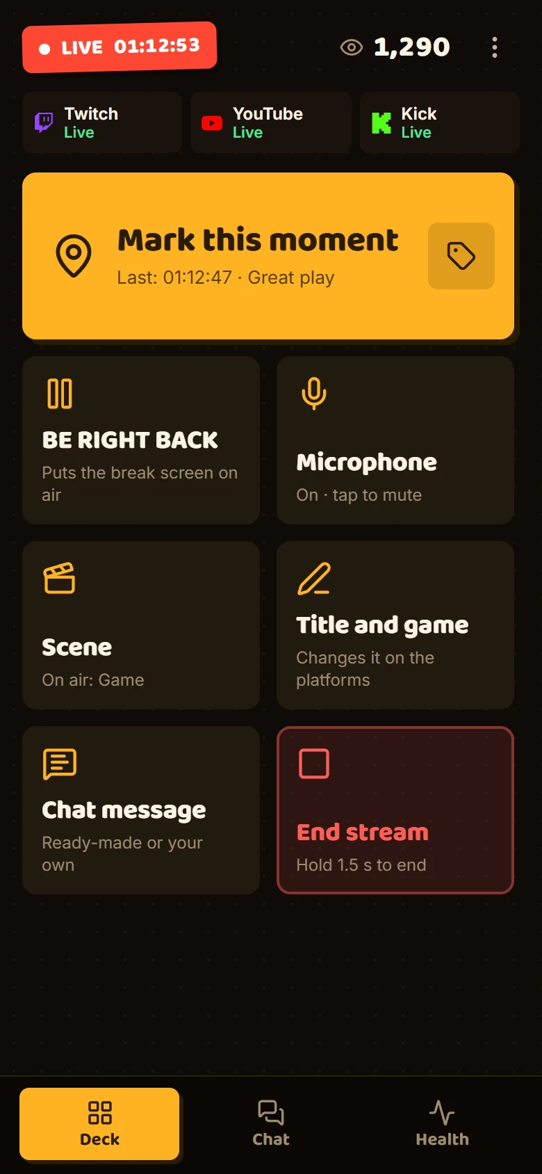 Deck mode on a phone mid-stream, with the big mark-a-moment button plus BE RIGHT BACK, mic, scene, title, chat message and end stream