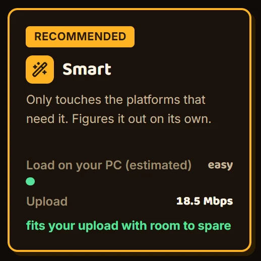Corneta Quality screen: the Straight up, Smart and All out modes with each one's PC load and upload, and the connection measured at 24 Mbps