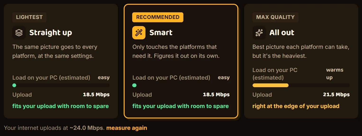 Corneta Quality screen: the Straight up, Smart and All out modes with each one's PC load and upload, and the connection measured at 24 Mbps