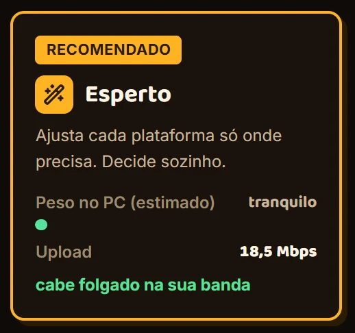 Tela Qualidade da Corneta: os modos Na lata, Esperto e Caprichado com o peso no PC e o upload de cada um, e a internet medida em 24 Mbps