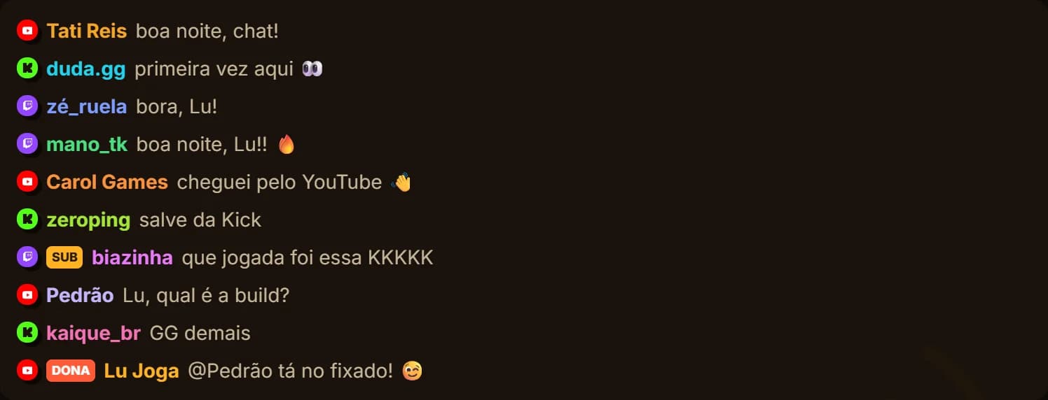 Chat unificado da Corneta com mensagens da Twitch, do YouTube e da Kick