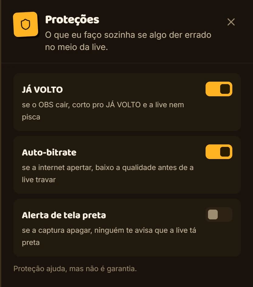 Gaveta de proteções da Corneta com o JÁ VOLTO e o auto-bitrate ligados