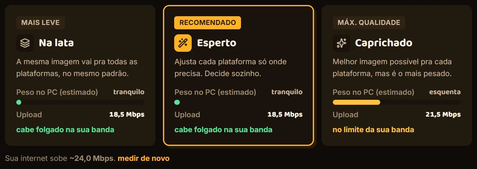 Tela Qualidade da Corneta: os modos Na lata, Esperto e Caprichado com o peso no PC e o upload de cada um, e a internet medida em 24 Mbps